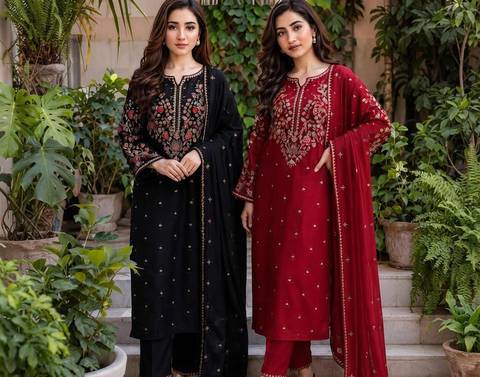 Batik Embroidered Dhanak 3PC (Red)
