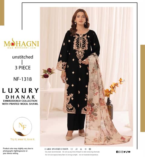 Mohagni Embroidered Dhanak 3PC with Printed Shawl