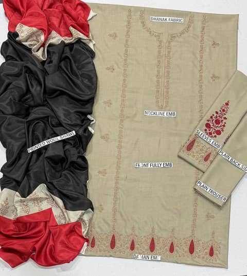 Jazmin Embroidered Dhanak 3PC with Printed Shawl