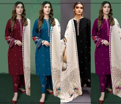 Aisling Embroidered Dhanak 3PC with Printed Shawl