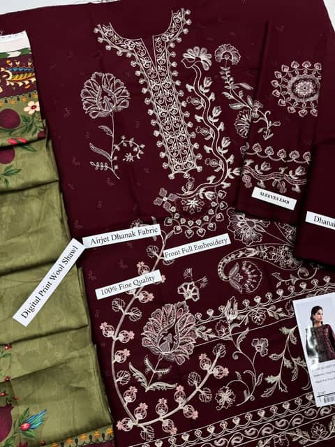 Sapphire Embroidered Dhanak 3PC with Printed Shawl